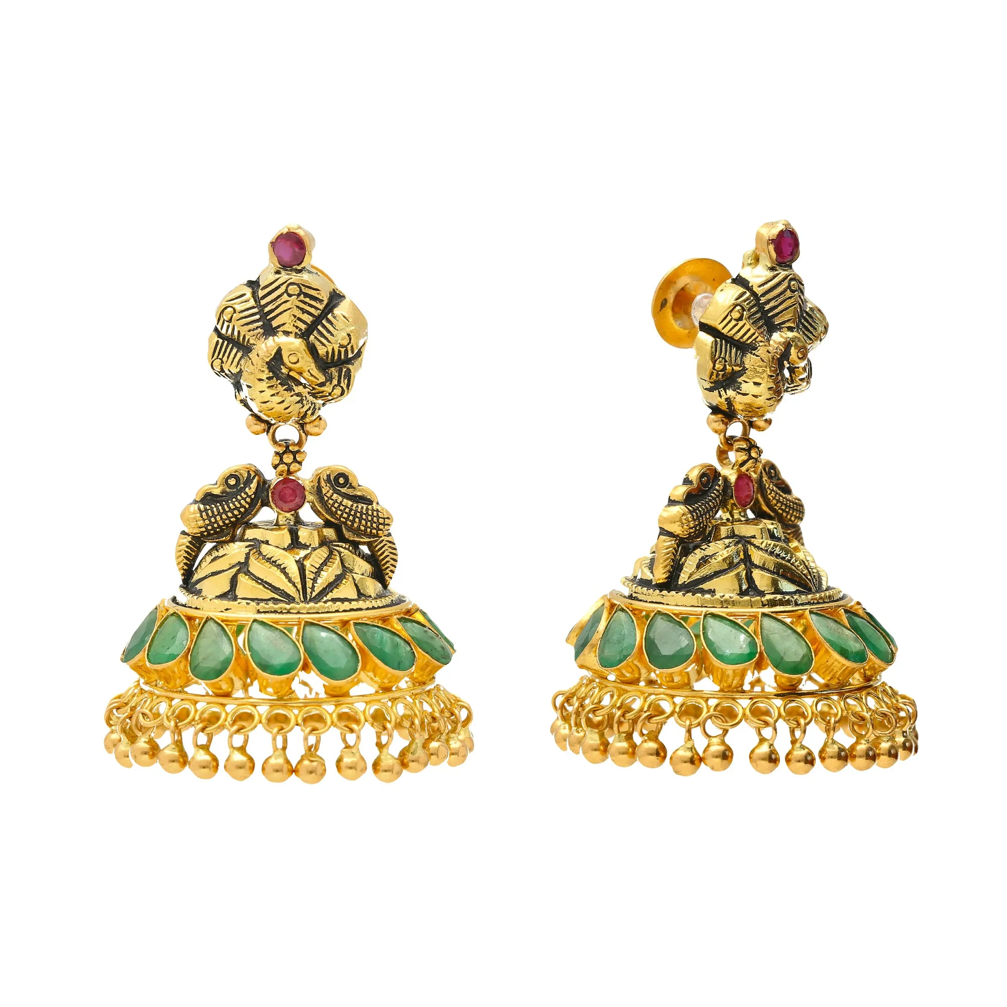 22K Gold, Emerald, & Ruby Antique Jhumka Earrings (21.6gm)