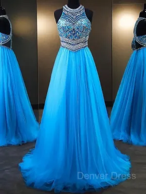 A-Line Jewel Sweep Train Tulle Evening Dresses With Beading