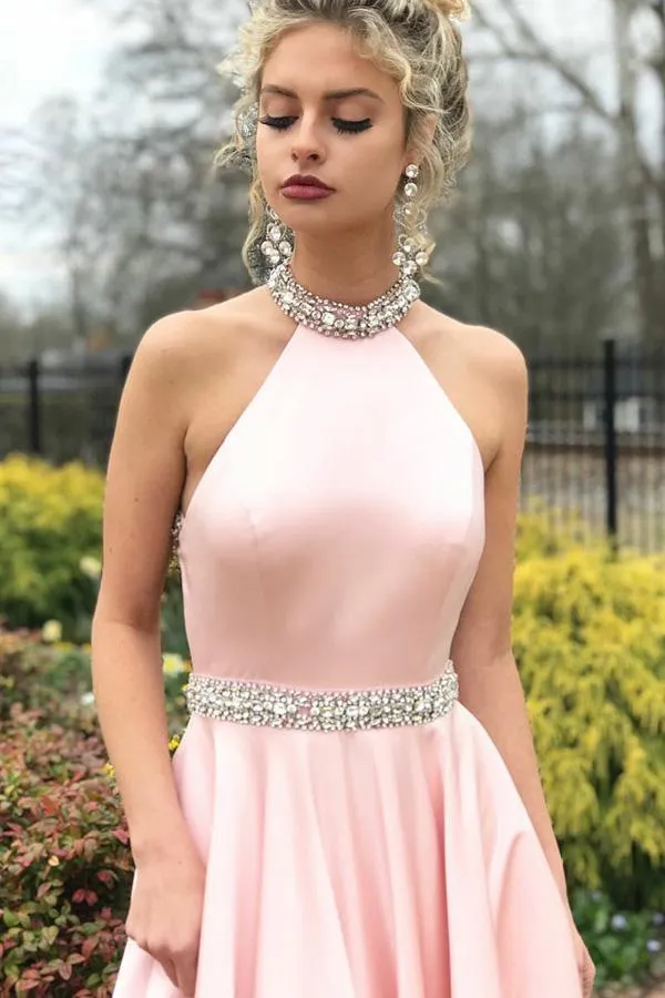 A-Line Pink Satin Open Back Sleeveless Prom Dress with Beading PG602