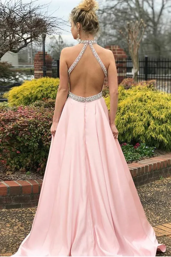 A-Line Pink Satin Open Back Sleeveless Prom Dress with Beading PG602