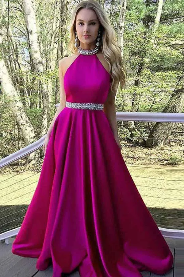 A-Line Pink Satin Open Back Sleeveless Prom Dress with Beading PG602