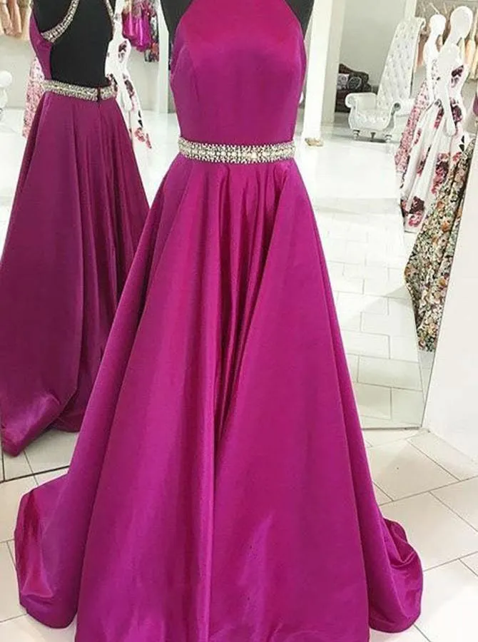 A-Line Pink Satin Open Back Sleeveless Prom Dress with Beading PG602