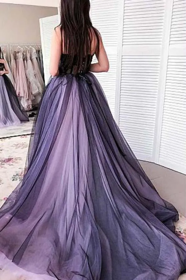 A-line Purple Black Tulle Sweetheart Appliques Beading Prom Dress PM219