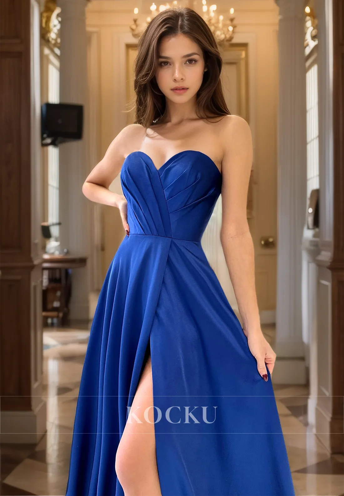 A-Line Sweetheart Sleeveless High Split Pleats Satin Prom Dress Party Gowns with Sweep Train