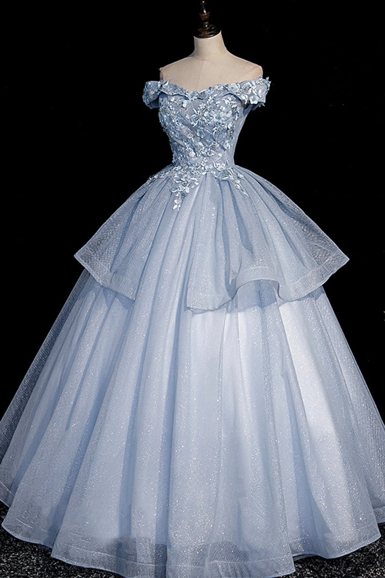 Ball Gown Blue Tulle Lace Long Party Dress, Off the Shoulder Evening Dress