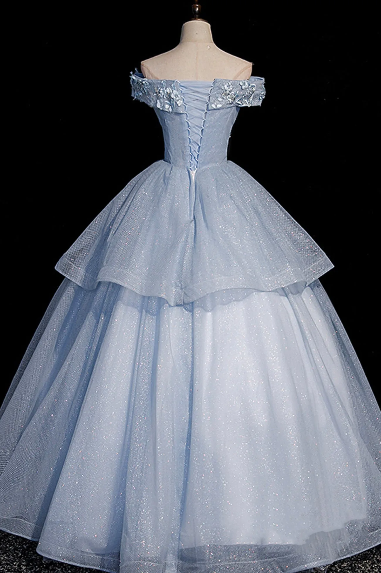 Ball Gown Blue Tulle Lace Long Party Dress, Off the Shoulder Evening Dress