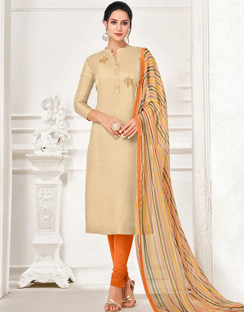 Beige Chanderi Cotton Chudidar Suit