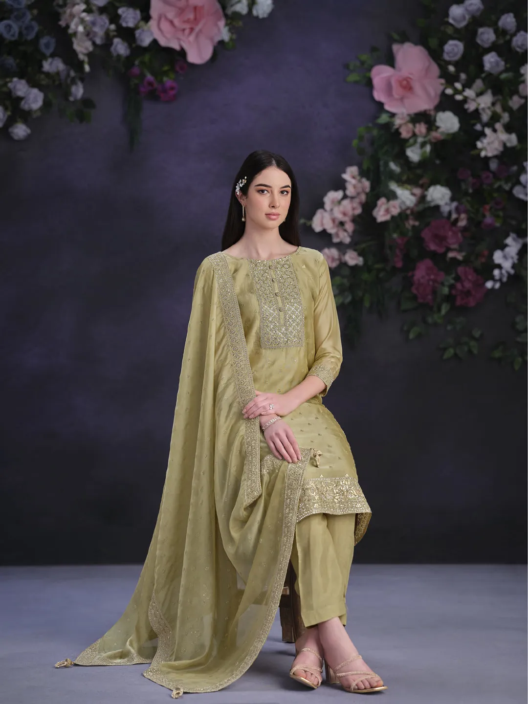 Beige Designer Semi-Stitched Pant Suit With Embroidery Work