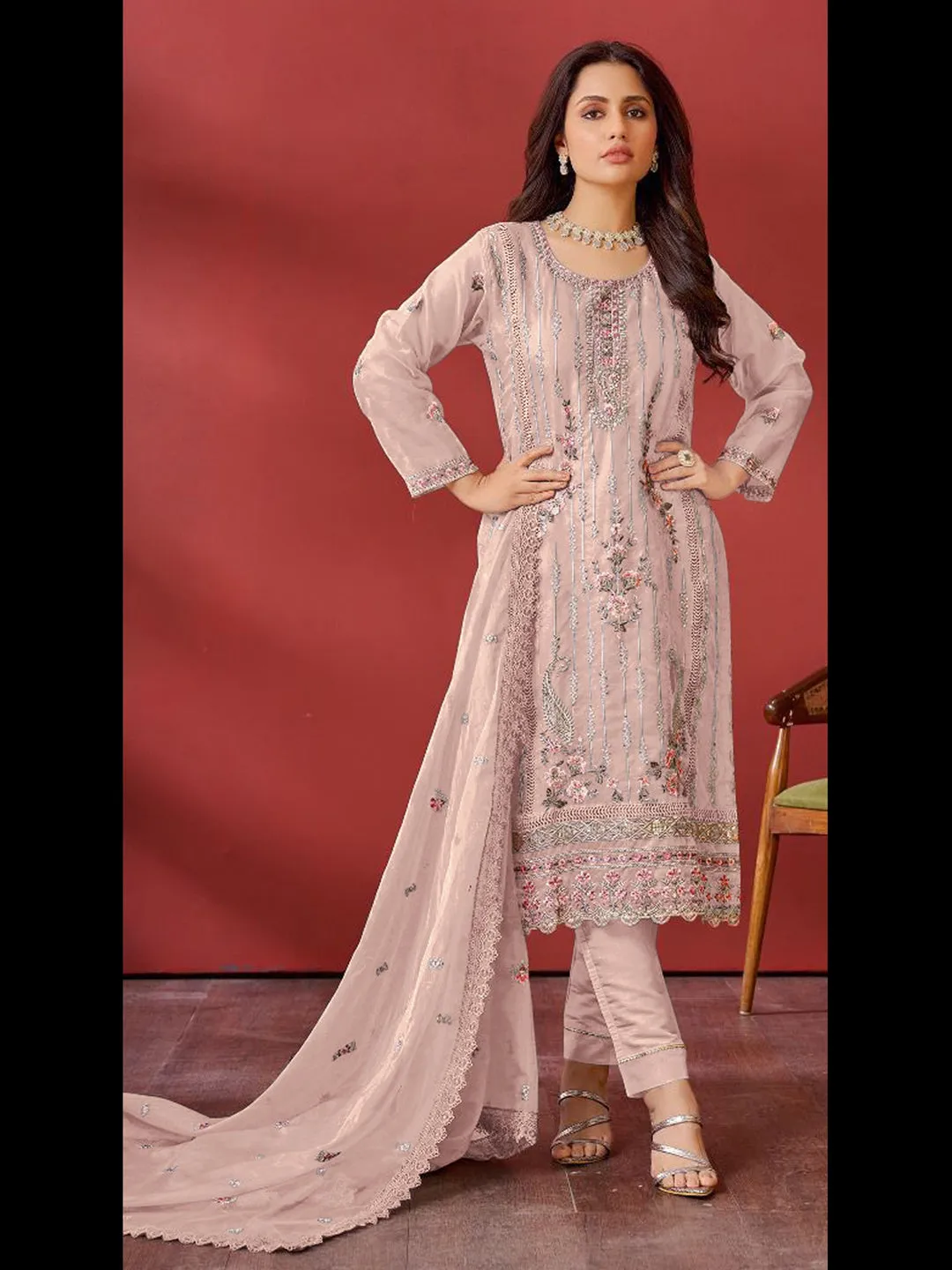 Beige Party Wear Semi-Stitched Pant Suit With Designer Embroidery Work