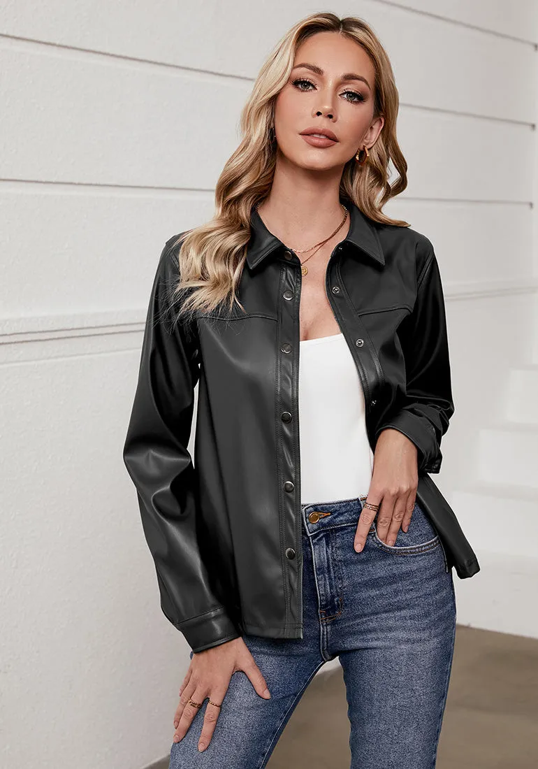 Black Women's Faux Leather Street Style Long Sleeves Vegan Moto Biker Coat