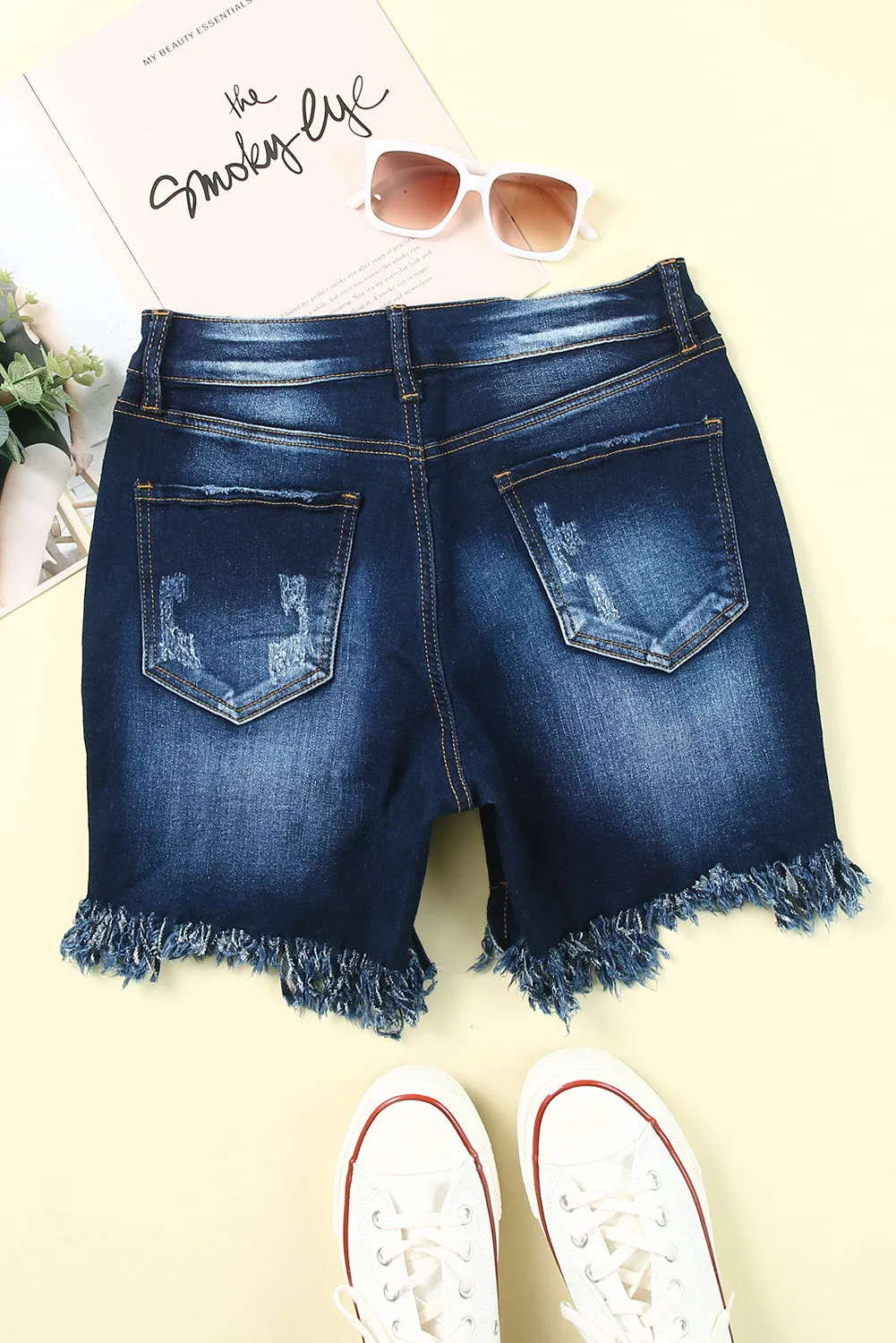 Blue High Waist Distressed Skinny Fit Denim Shorts