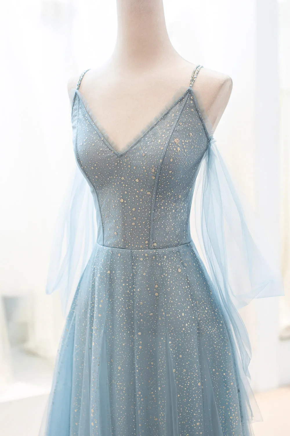 Blue V-Neck Tulle Long Prom Dress, A-Line Spaghetti Strap Evening Dress