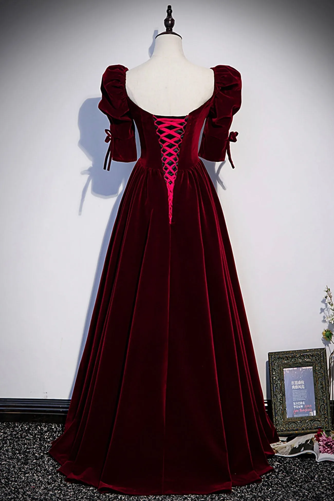 Burgundy Velvet Long Evening Party Dress, A-Line Short Sleeve Prom Dress