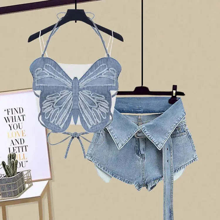 Butterfly Crop Top Lapel Shirt Denim Shorts