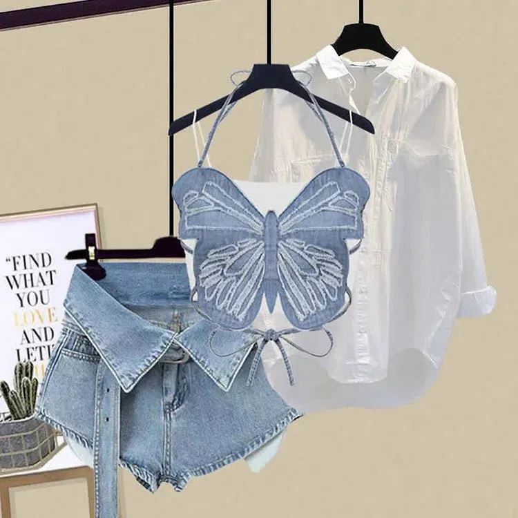 Butterfly Crop Top Lapel Shirt Denim Shorts