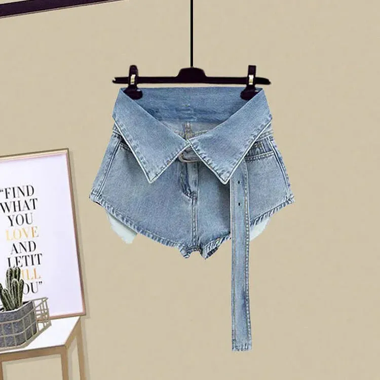 Butterfly Crop Top Lapel Shirt Denim Shorts