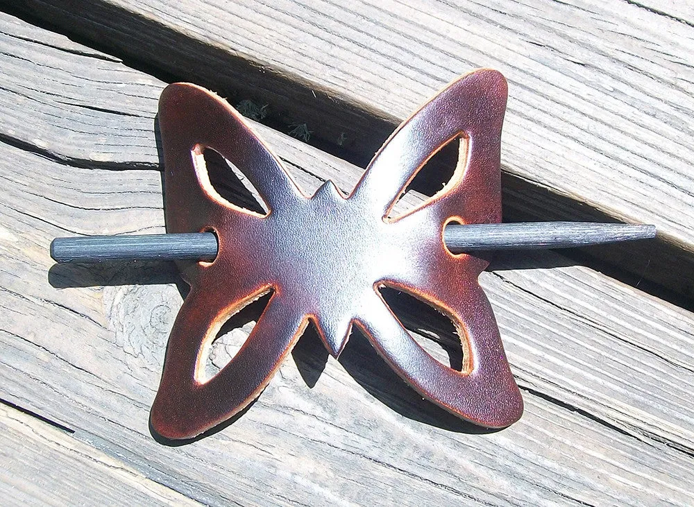 Butterfly Shape Leather Barrettes with Wood Pin