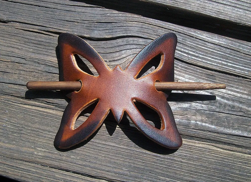 Butterfly Shape Leather Barrettes with Wood Pin