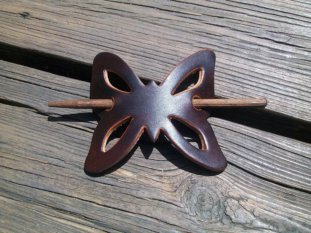 Butterfly Shape Leather Barrettes with Wood Pin