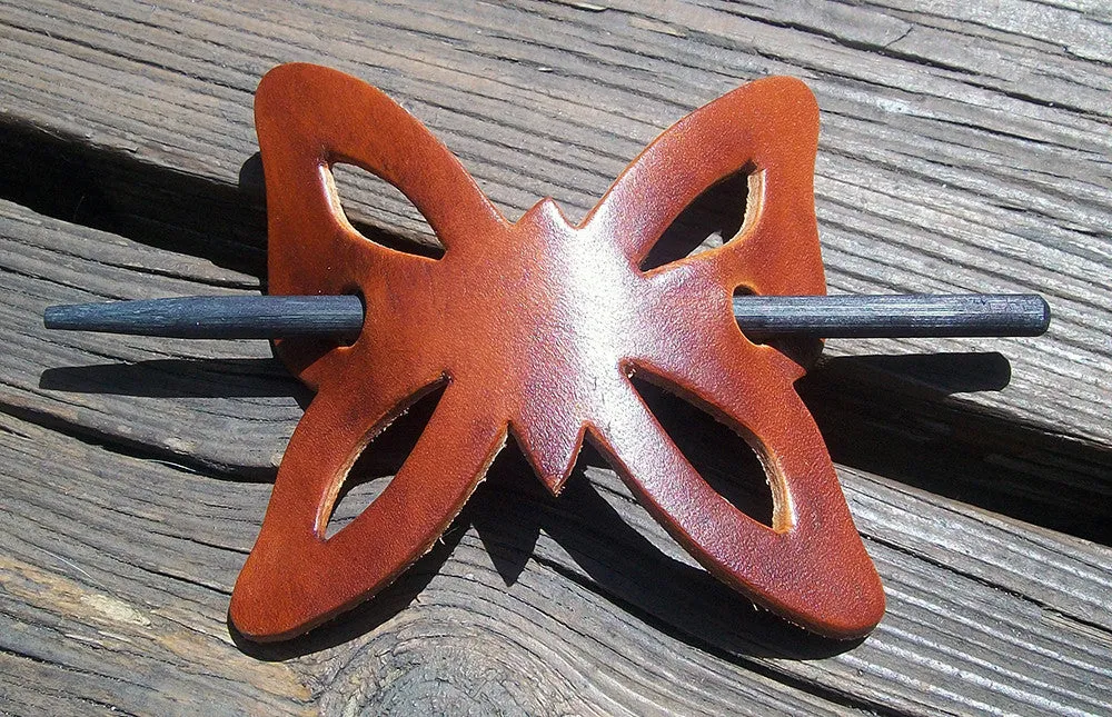 Butterfly Shape Leather Barrettes with Wood Pin