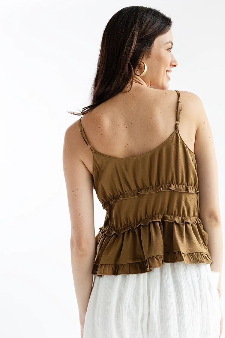 Camel Ruffle Front Tie Satin Cami