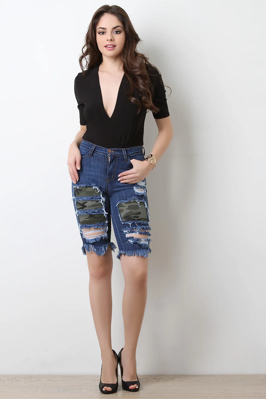 Camo Patched Denim Bermuda Shorts