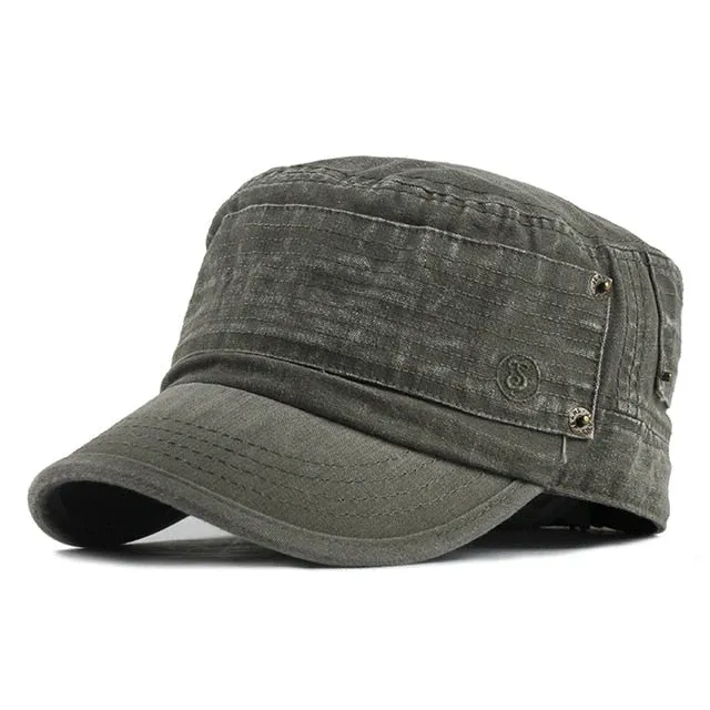 Classic Vintage Flat Top Washed Adjustable Fitted Military  Cap