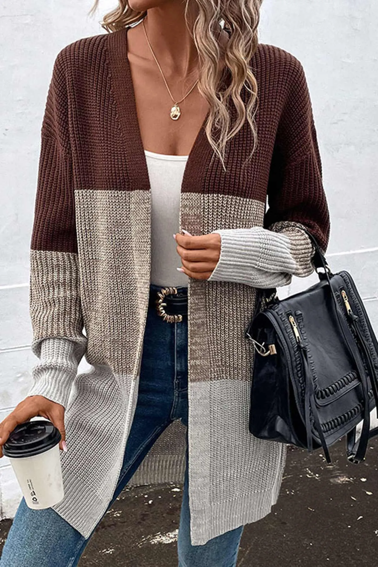 Color Contrast Long Open Front Cardigan