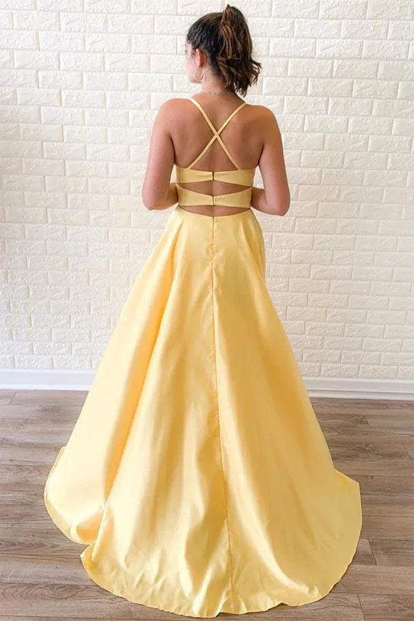 Criss Cross A-Line Straps Satin Yellow Long Prom Dress with Slit PM238