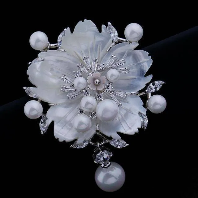 Cubic Zirconia Flower With Imitation Shell Pearl