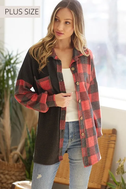 CURVY Plaid Colorblock Shacket