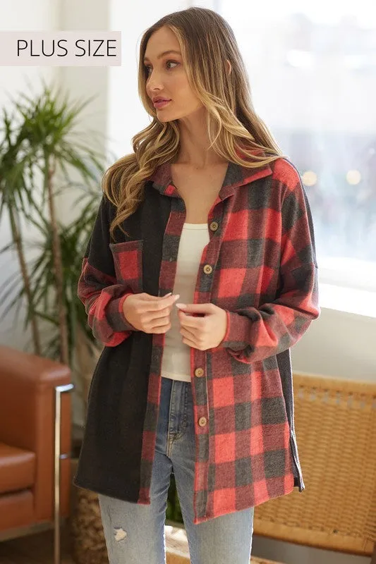 CURVY Plaid Colorblock Shacket