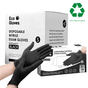 Eco Gloves BLACK Disposable Nitrile Exam Gloves (5 mil) Powder Free, Latex Free, 1,000 Gloves - 100% Recyclable