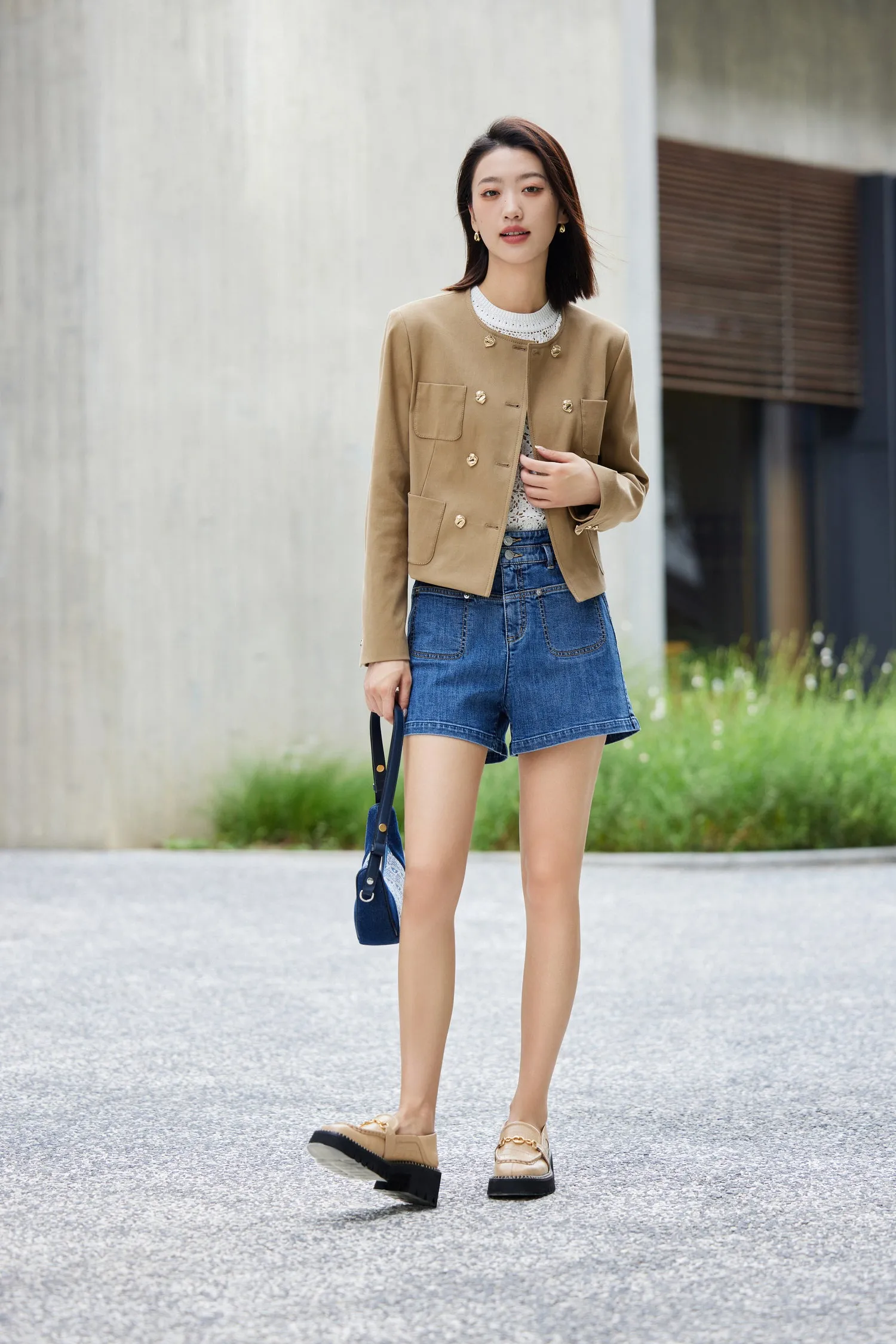 EP YAYING Vintage Cotton Linen Denim Shorts