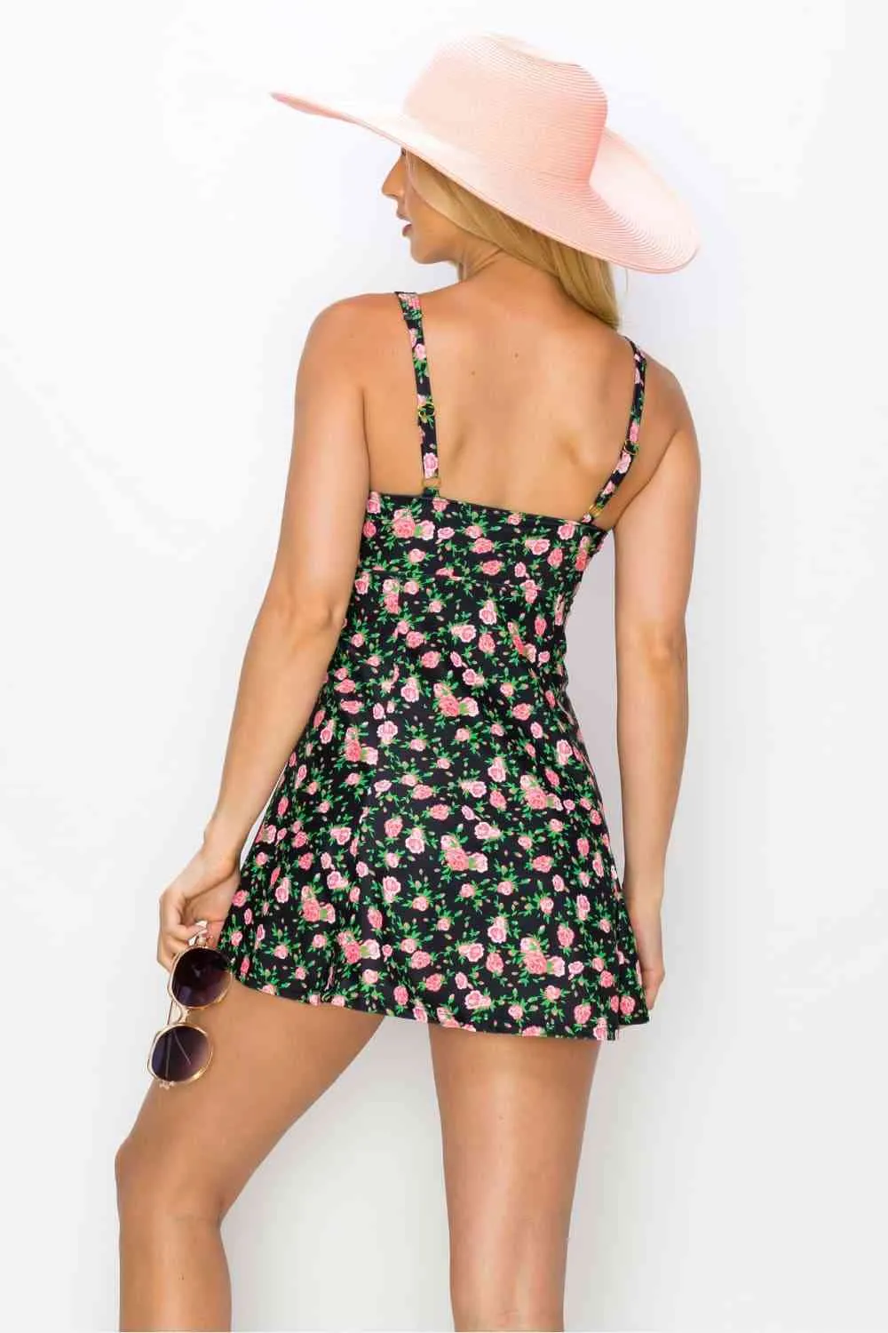 Full Size Clear Waters Swim Dress in Black Roses