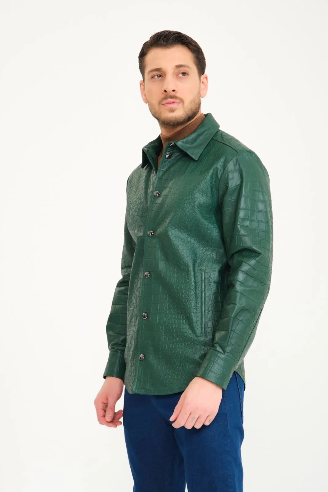 Green Crocodile Pattern Leather Jacket