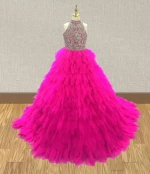 Halter Sparkly Hot Pink Tween Evening Ball Gown