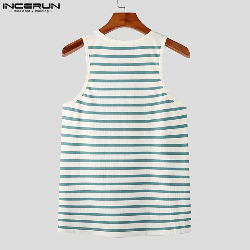 INCERUN Tops 2024 American Style Men's Horizontal Stripe Blue&White