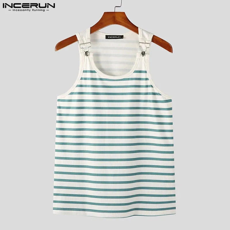 INCERUN Tops 2024 American Style Men's Horizontal Stripe Blue&White