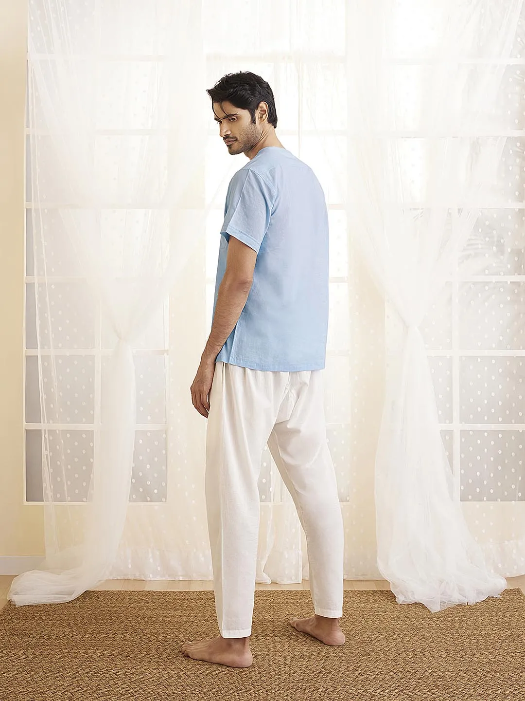 Jashvi Men's Light Blue And White Cotton Kurta Pyjama Set