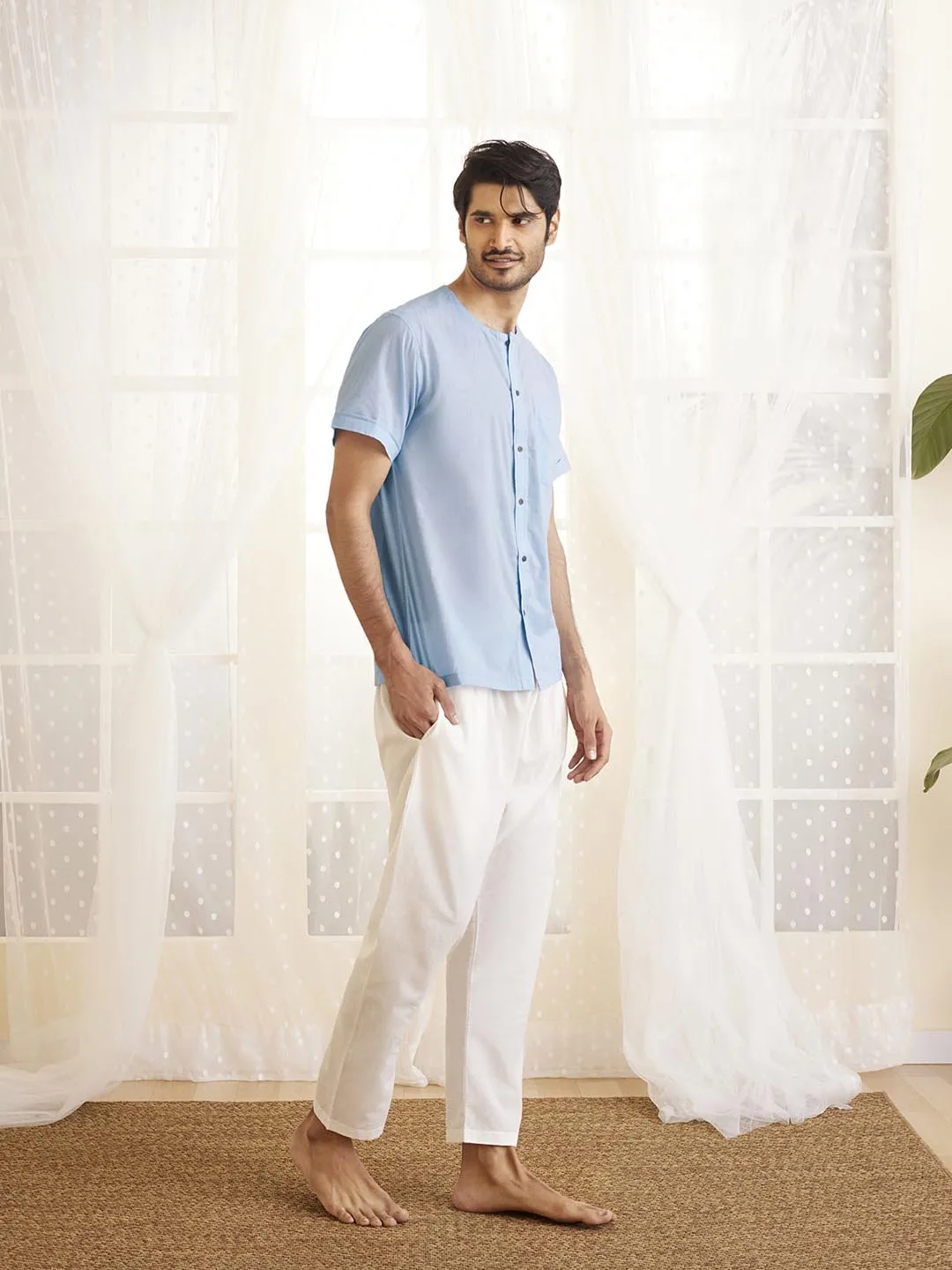 Jashvi Men's Light Blue And White Cotton Kurta Pyjama Set