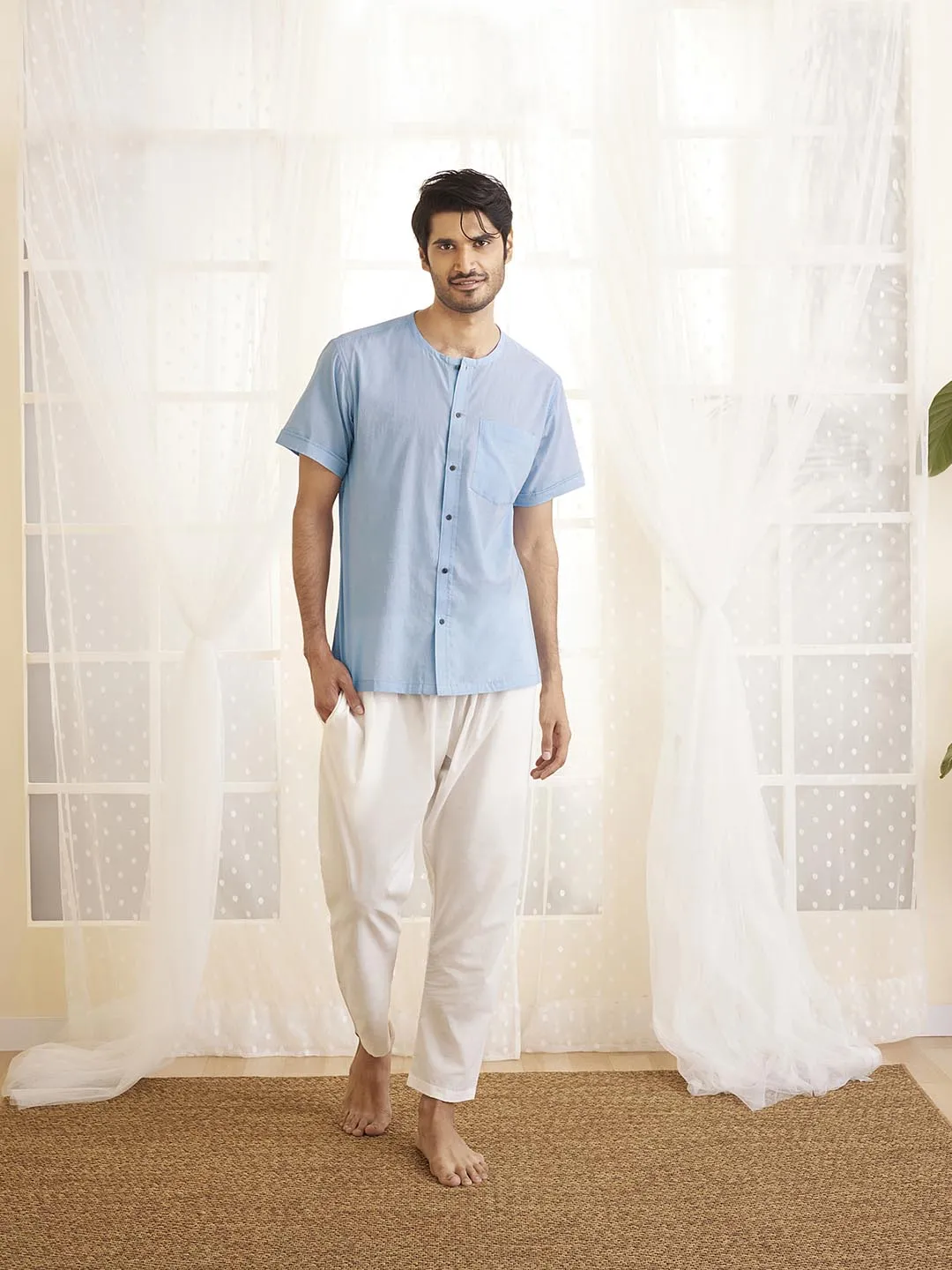 Jashvi Men's Light Blue And White Cotton Kurta Pyjama Set