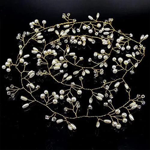 Kairangi Bridal Hair Vine for Women and Girls Bridal Hair Accessories for Wedding Golden Headband Hair Accessories Wedding Jewellery for Women Pearl Bridal Wedding Head band Hair Vine for Girls