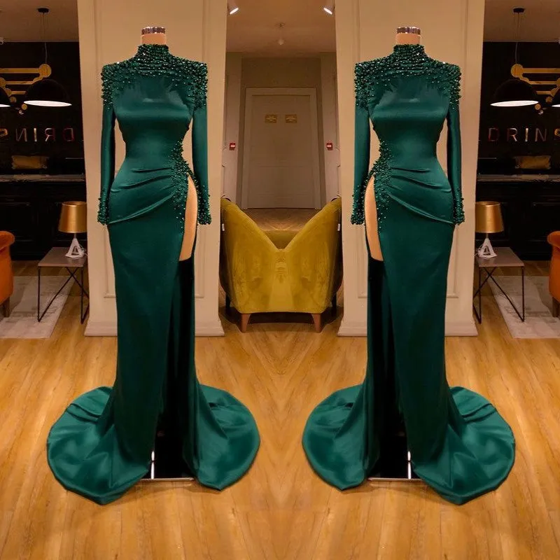 kamahe Dark Green Beadings Pearl Long Sleeves Evening Gowns Mermaid Prom Dress With Slit