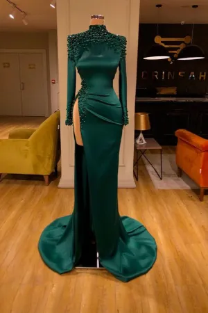 kamahe Dark Green Beadings Pearl Long Sleeves Evening Gowns Mermaid Prom Dress With Slit