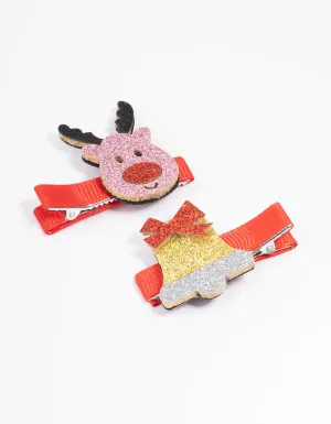 Kids Fabric Christmas Reindeer & Ball Hair Clips