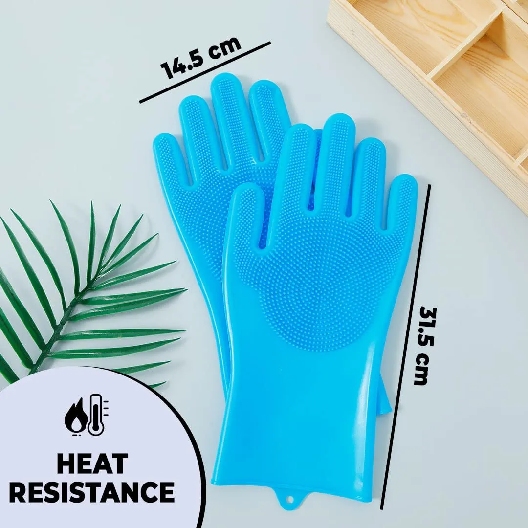 Kuber Industries Multi-Purpose Silicon Gloves For Kitchen Cleaning, Pet Grooming & Gardening|Reusable Gardening Gloves|Heat Resistant For Better Protection|Blue,Pack of5