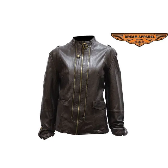 Ladies Brown Buttery Soft Leather Jacket with Studs on Front and Back