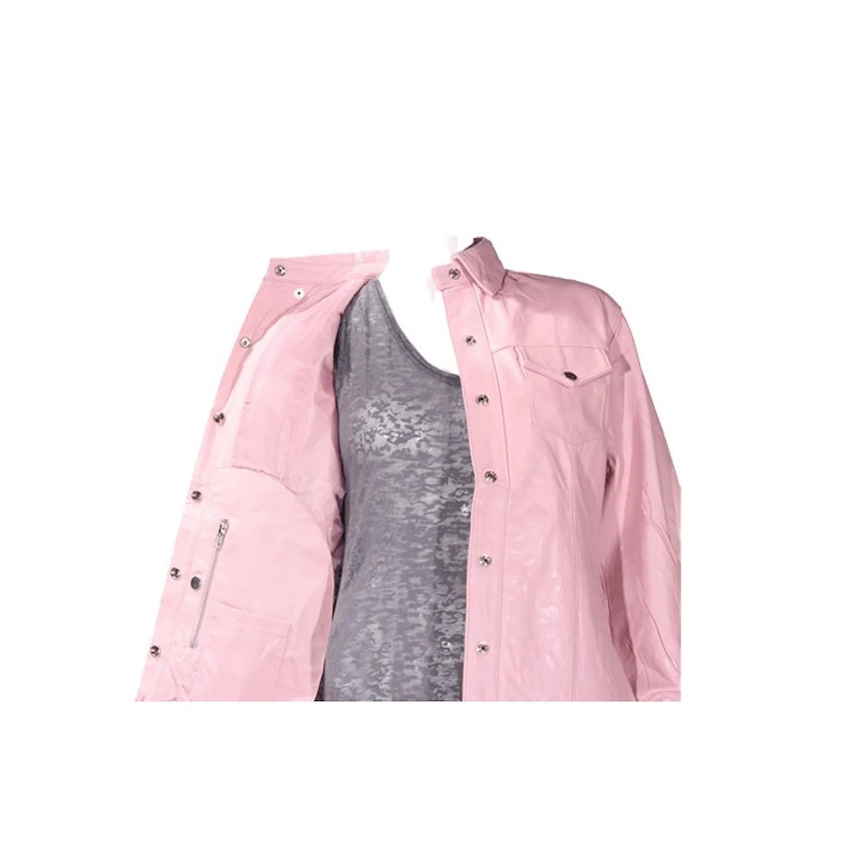 Ladies Pink Leather Shirt With Gun Pockets Snap Front And Lining