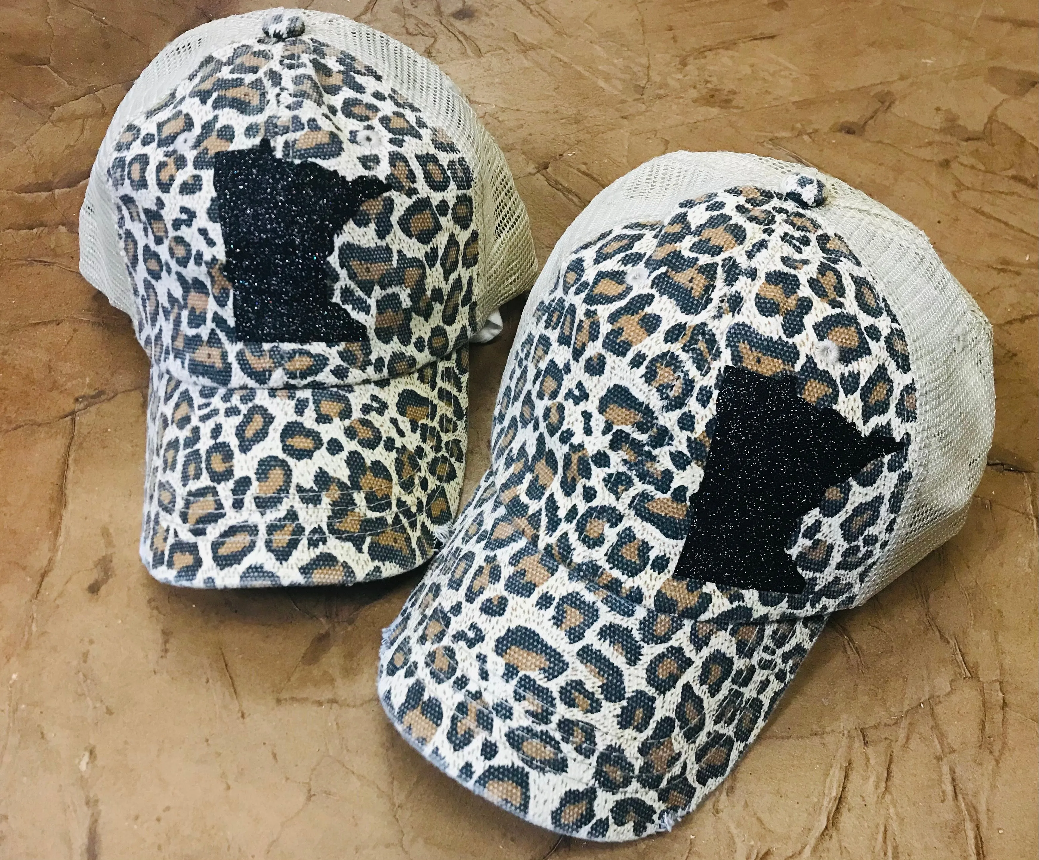 Leopard print state hats Minnesota or any state Baseball trucker cap animal print White metallic foil animal print Distressed brown vintage caps